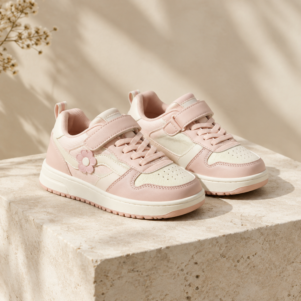 Blush and ivory girls’ sneakers on a limestone pedestal