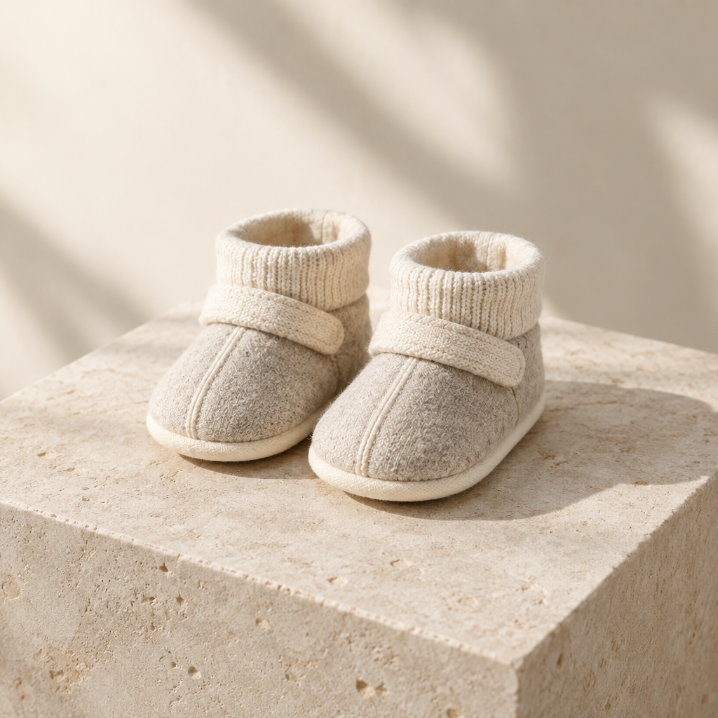Cream baby shoes on a pale limestone pedestal